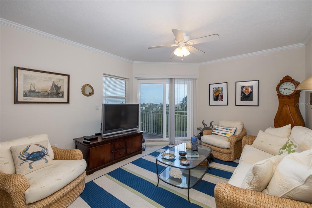 A living room features wicker furniture, a striped rug, a television, and a balcony view — 4516 SEAGULL DRIVE UNIT 413, NEW PORT RICHEY, FL