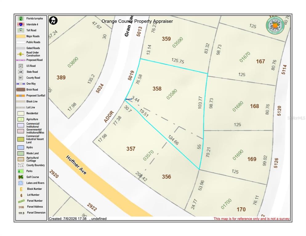 This is a property tax map showing lot lines, parcel numbers, and street dimensions — 5019 GRAN LAC AVENUE, ORLANDO, FL