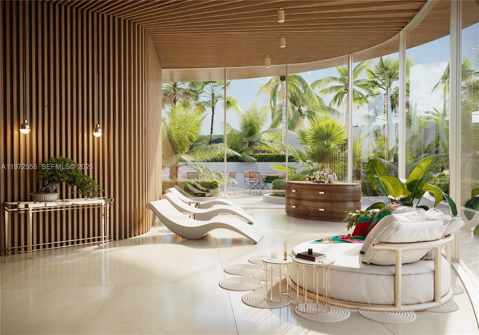 This rendering shows a modern lounge with wood-slatted walls, curved glass windows, and outdoor views — 700 NE 24 ST # 1406, Miami FL 33137, MIAMI, FL