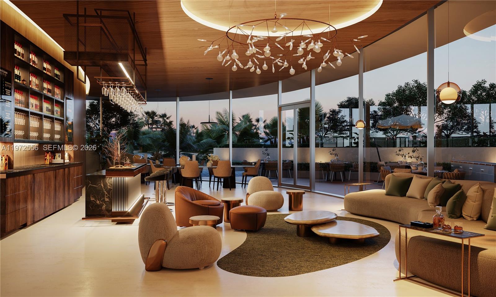 This rendering shows a modern lounge with a bar, plush seating, and floor-to-ceiling glass walls — 700 NE 24 ST # 1406, Miami FL 33137, MIAMI, FL