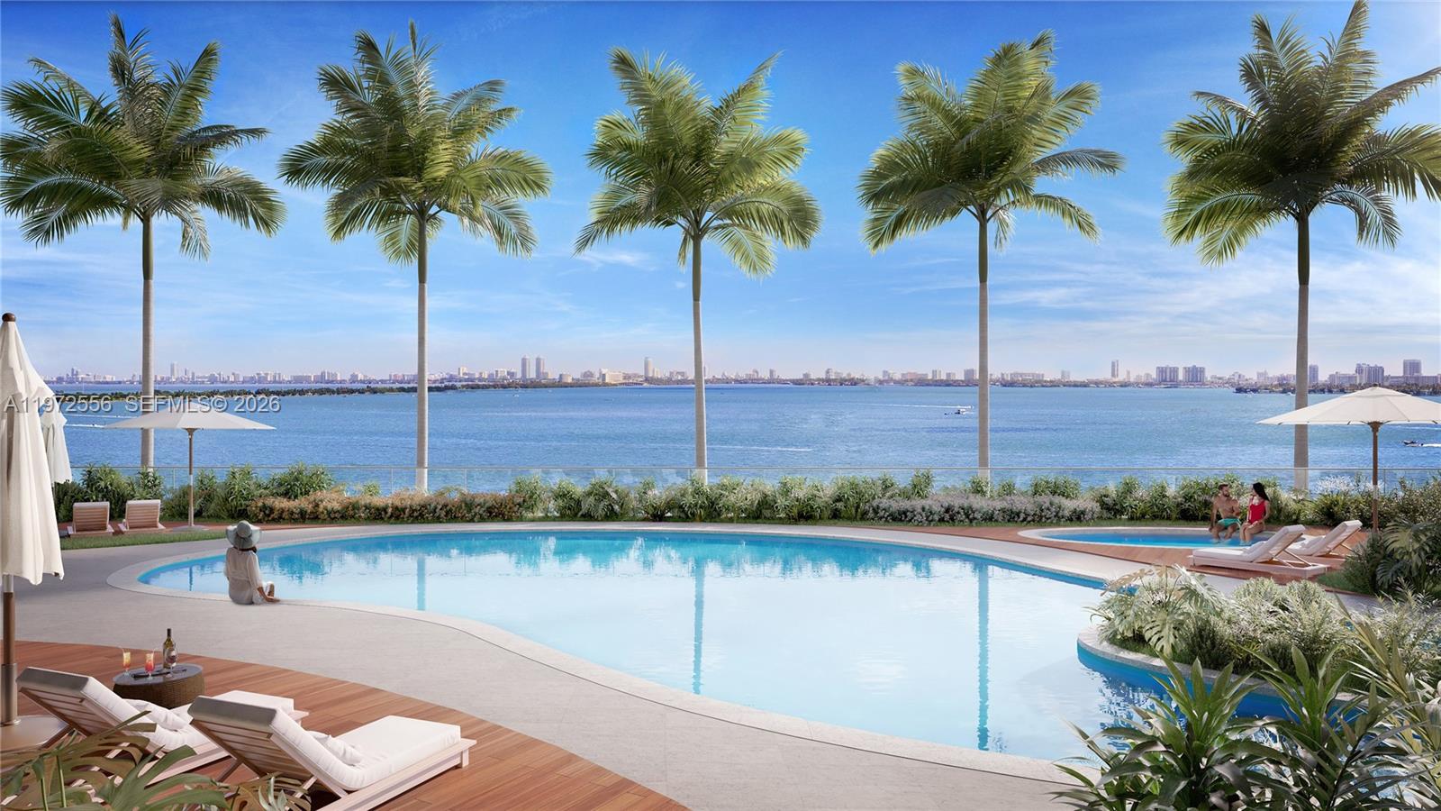 This rendering shows a swimming pool overlooking a bay with palm trees and lounge chairs — 700 NE 24 ST # 1406, Miami FL 33137, MIAMI, FL