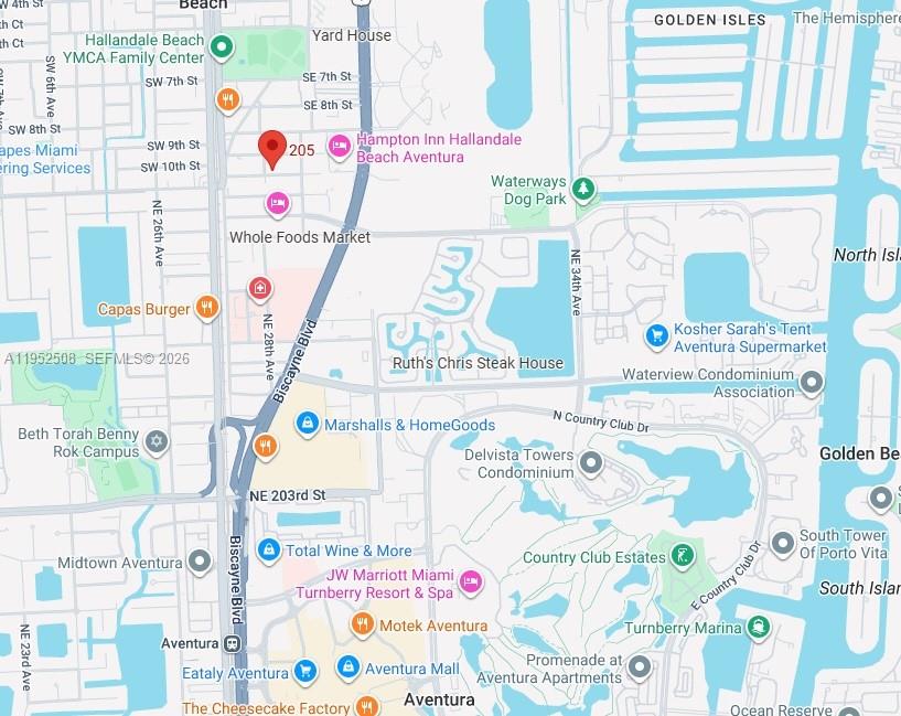 This is a map showing the area around Aventura and Hallandale Beach — 205 SE 10th St, Hallandale Beach FL 33009, HALLANDALE BEACH, FL