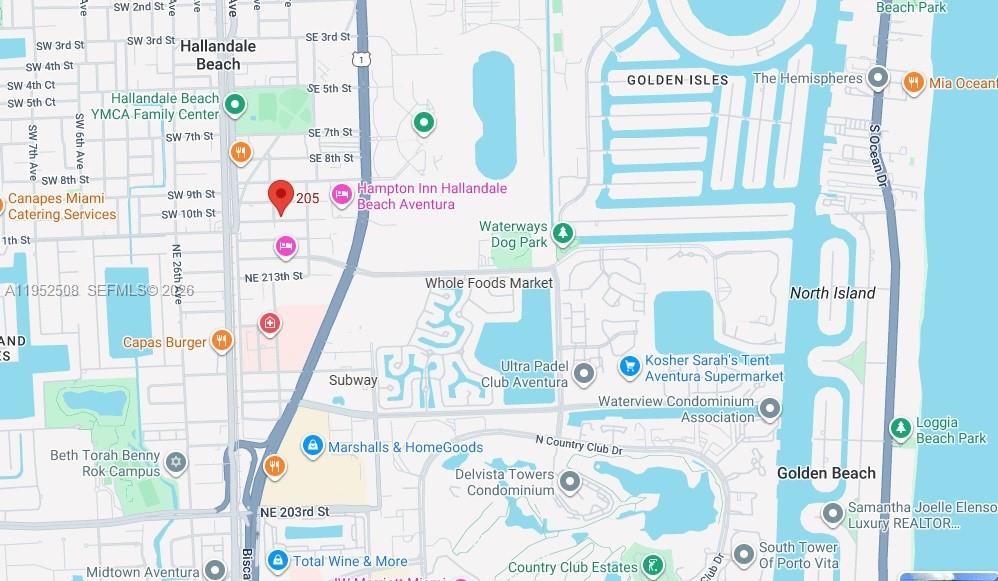 This is a map showing the area surrounding Hallandale Beach and Aventura, Florida — 205 SE 10th St, Hallandale Beach FL 33009, HALLANDALE BEACH, FL