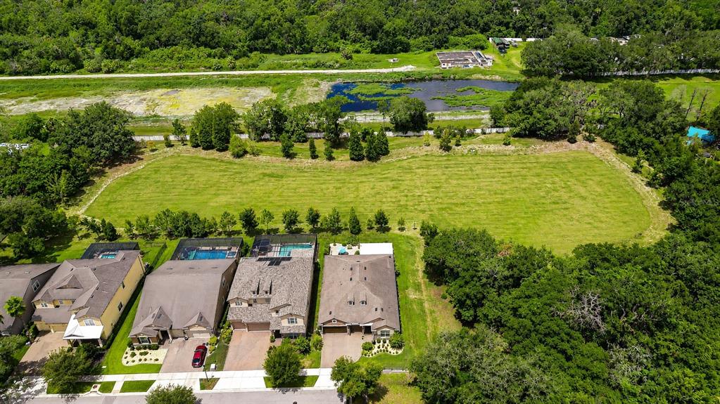 An aerial view shows a large grassy lot behind a row of suburban houses — 10405 TREE SKYLARK PLACE, RIVERVIEW, FL