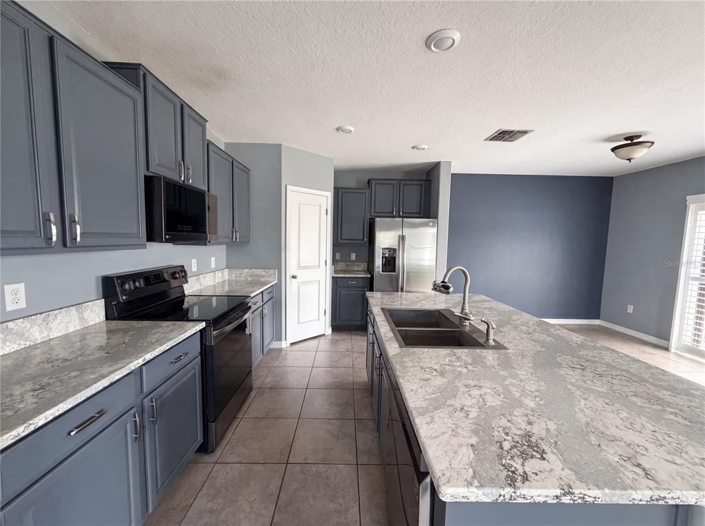 A kitchen features blue cabinets, granite countertops, a large island, and stainless steel appliances — 11126 HUDSON HILLS LANE, RIVERVIEW, FL