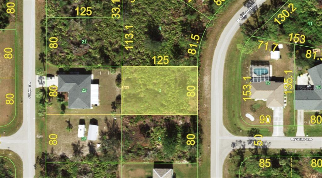 This is a satellite map view showing a vacant residential lot outlined in yellow — 5623 NORLANDER DRIVE, PORT CHARLOTTE, FL
