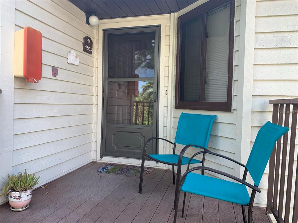 A wooden porch features two teal chairs, a potted plant, and a screen door — 4503 46TH AVENUE W, BRADENTON, FL