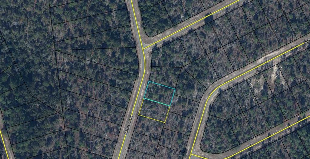 This is an aerial map view showing two adjacent vacant lots outlined in blue and yellow — Lot 11 Unit 7 Blk 423 ALHAMBRA DRIVE, CHIPLEY, FL