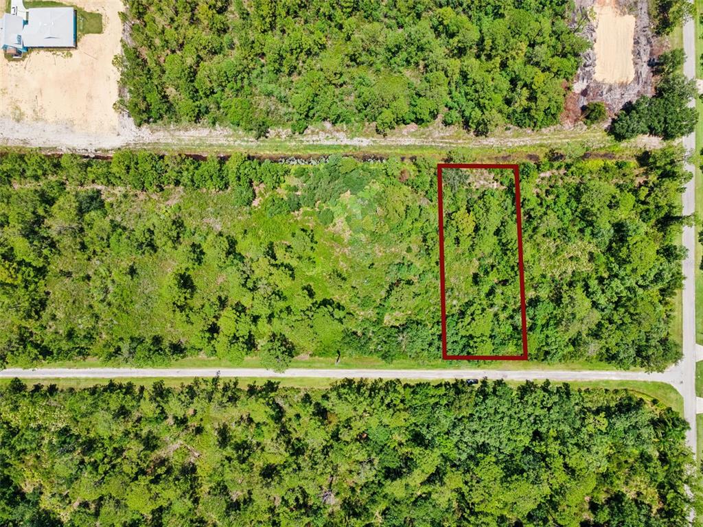 An aerial view shows a rectangular plot of land outlined in red near a road — 0 PANDORA DR, INDIAN LAKE ESTATES, FL