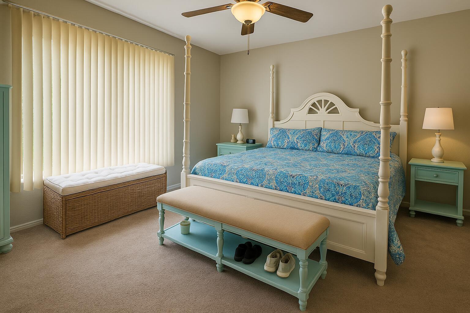 A bedroom features a four-poster bed, a storage bench, and light blue nightstands — 1120 Fairfield Lane, Sebastian FL 32958, SEBASTIAN, FL