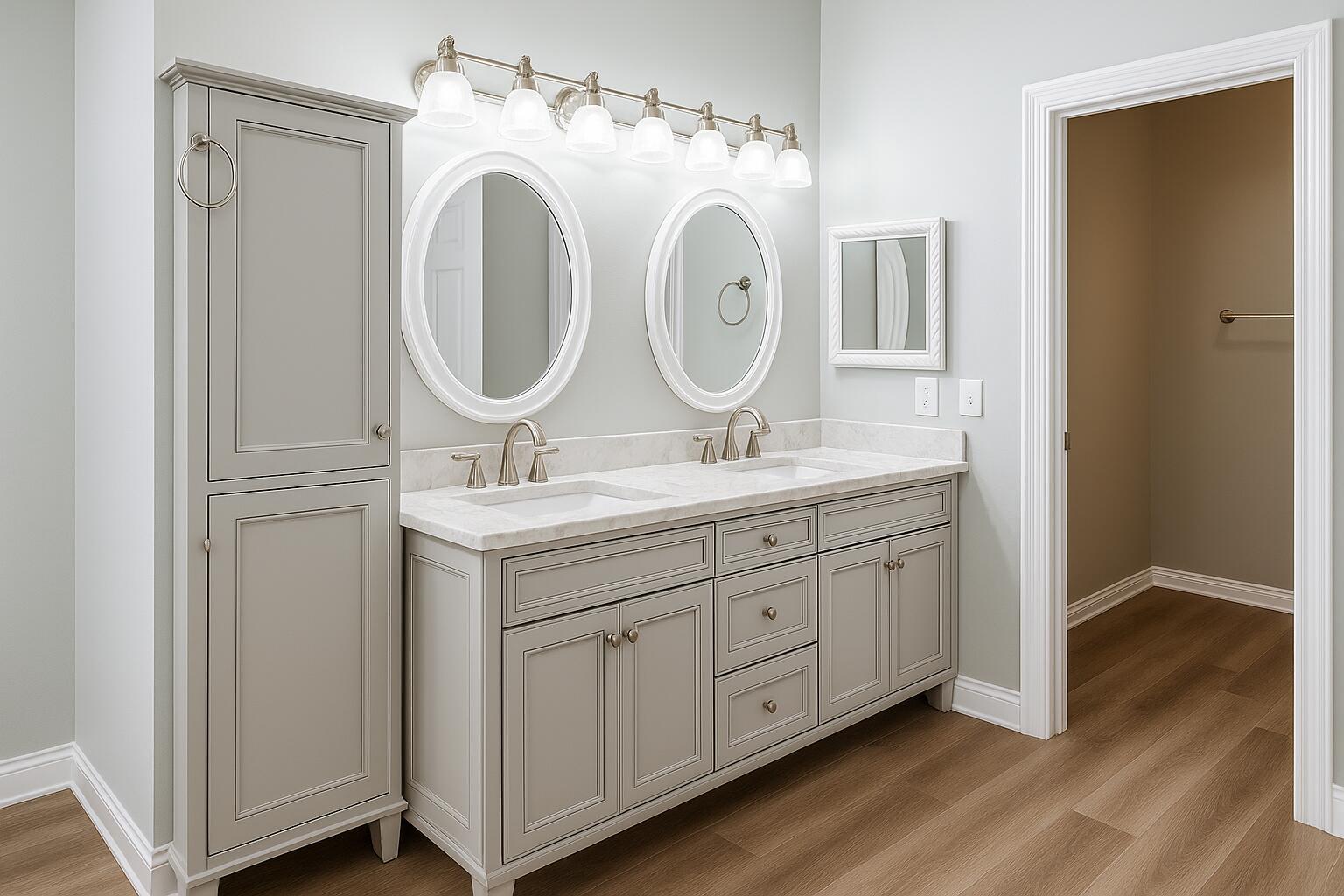 A bathroom features a double vanity with gray cabinets, marble countertops, and two oval mirrors — 1120 Fairfield Lane, Sebastian FL 32958, SEBASTIAN, FL