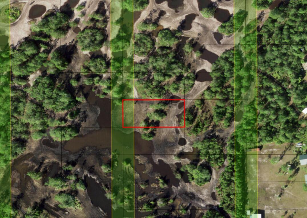 An aerial view of a wooded, marshy lot with a red rectangle outlining the property — 0 Holopaw Groves Road, FL 34772, FL