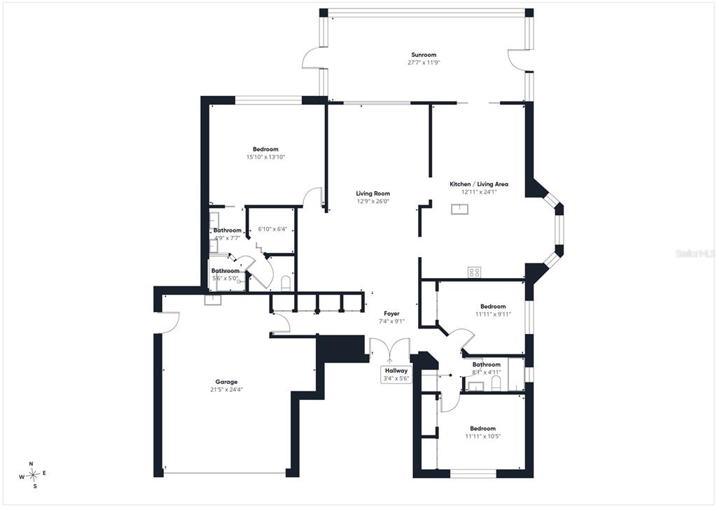 This is a floor plan of a house featuring a garage, four bedrooms, and a sunroom — 35601 WICKINGHAM COURT, ZEPHYRHILLS, FL