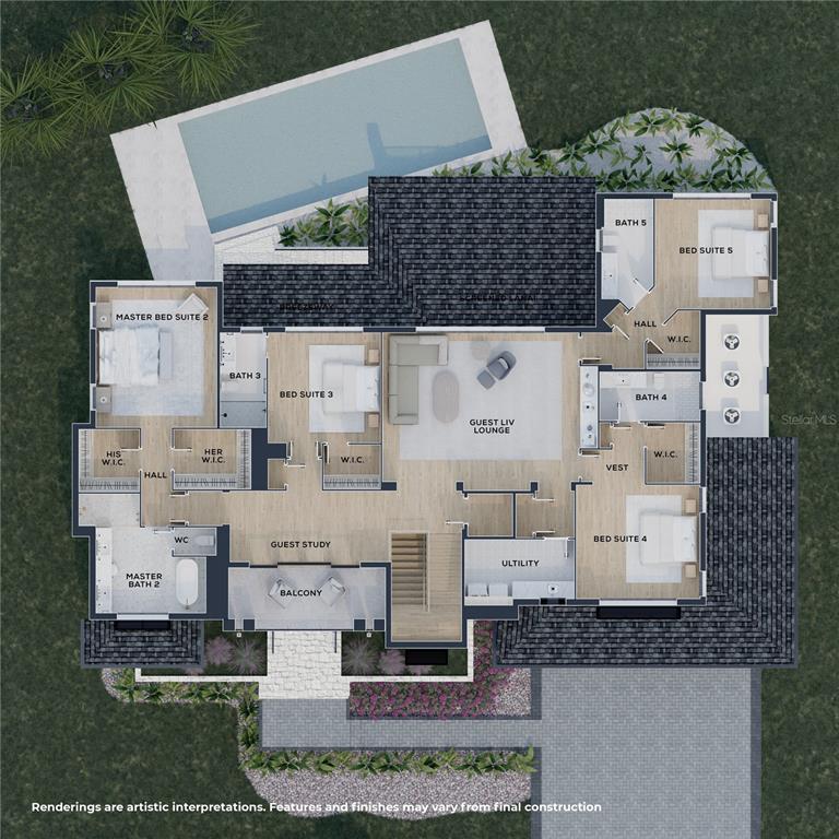 This floor plan shows the upper level of a house featuring four bedroom suites — 2623 S BRYANT CIRCLE, TAMPA, FL