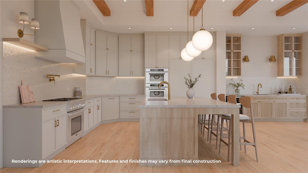 This rendering shows a modern dining area with a wooden table, chairs, and built-in shelving — 2623 S BRYANT CIRCLE, TAMPA, FL