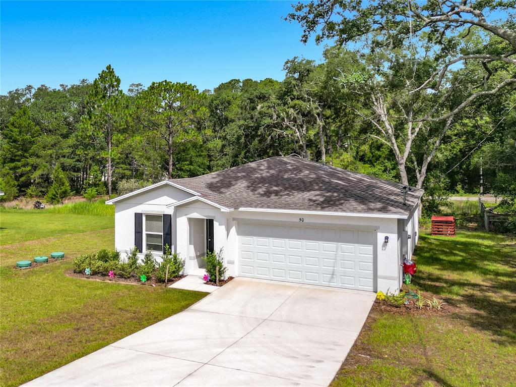 A single-story white house with a two-car garage and a concrete driveway — 50 BAY ROAD, OCKLAWAHA, FL