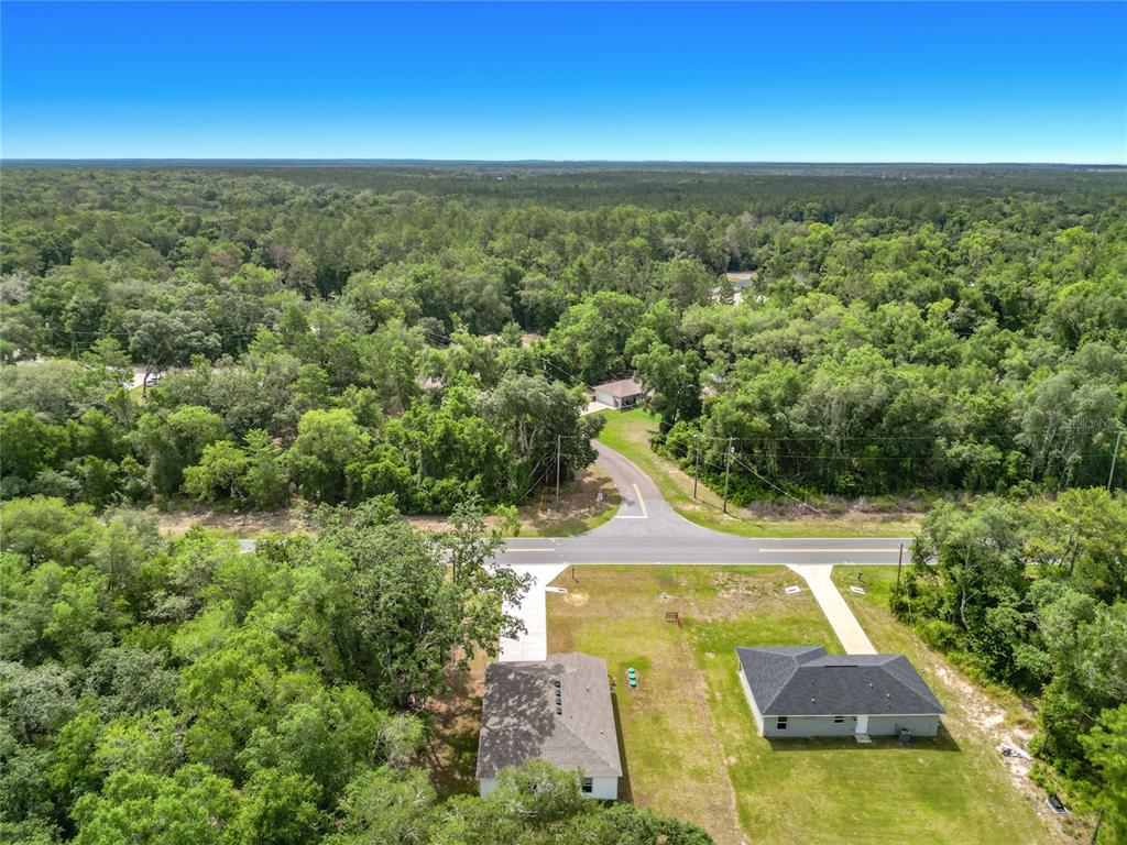 An aerial view shows two houses on a rural road surrounded by dense green forest — 50 BAY ROAD, OCKLAWAHA, FL