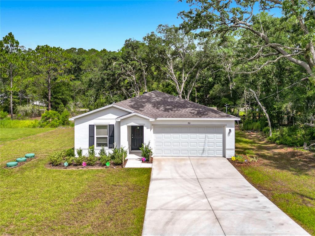 A single-story white house with a two-car garage and a concrete driveway — 50 BAY ROAD, OCKLAWAHA, FL