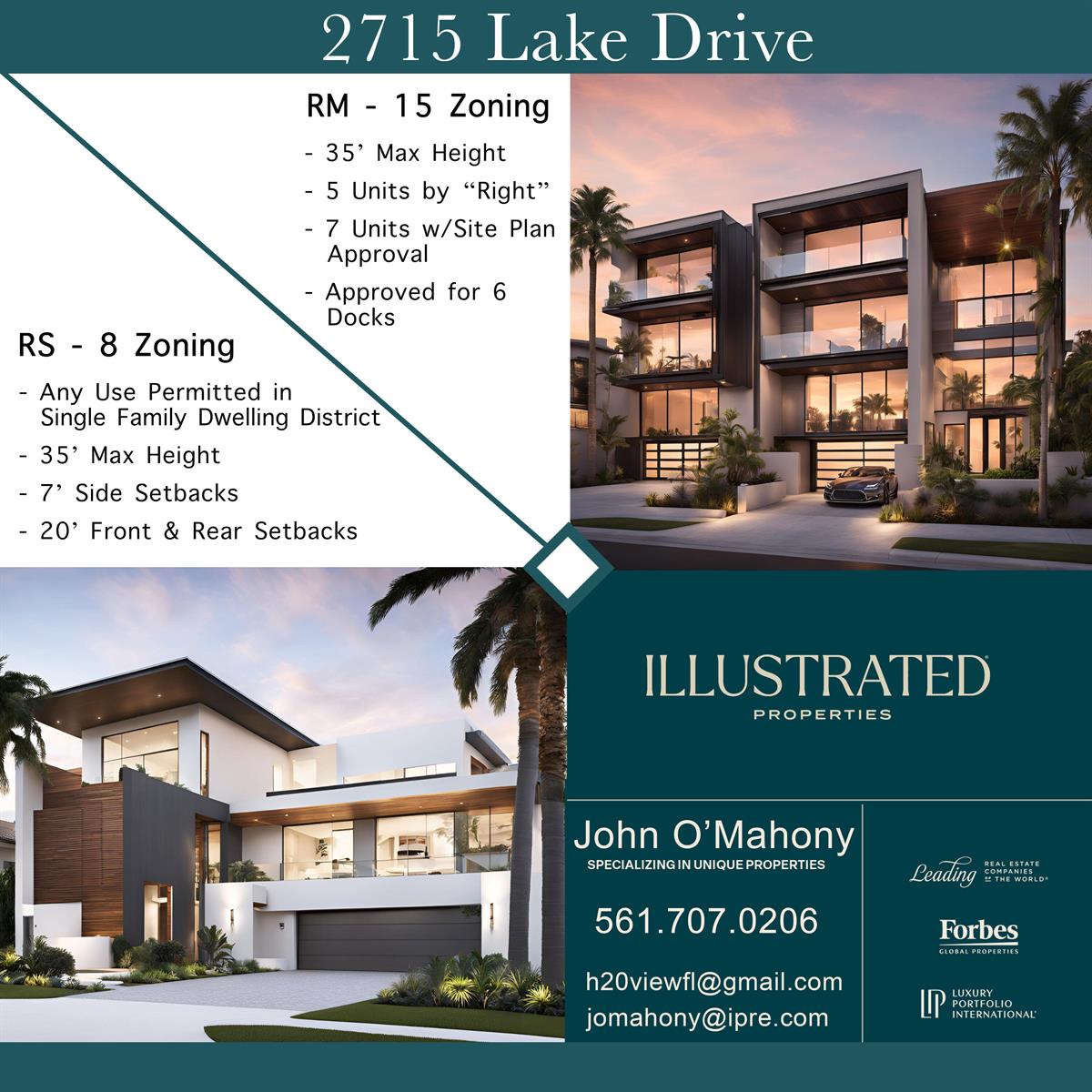 A digital rendering shows a modern multi-story luxury home with glass balconies and palm trees — 2715 Lake Drive, Riviera Beach FL 33404, RIVIERA BEACH, FL