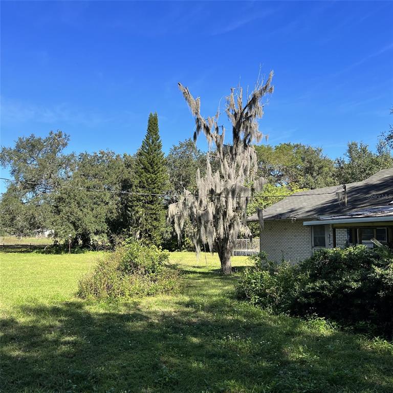 A yard with a large tree draped in Spanish moss beside a brick house exterior — 4504 E COUNTY ROAD 540A, LAKELAND, FL