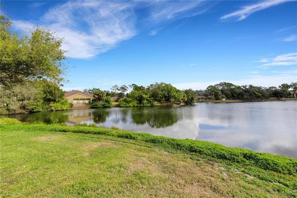 A grassy lawn overlooks a calm lake surrounded by trees and distant houses — 3242 RINGWOOD MEADOW UNIT 76, SARASOTA, FL