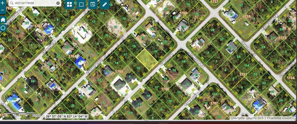 This is a satellite map view showing a vacant residential lot highlighted in yellow — 5327 VENUS TERRACE, PORT CHARLOTTE, FL