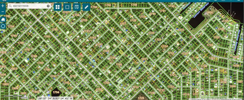 This is a digital map showing property parcel boundaries and street names in a residential area — 5327 VENUS TERRACE, PORT CHARLOTTE, FL