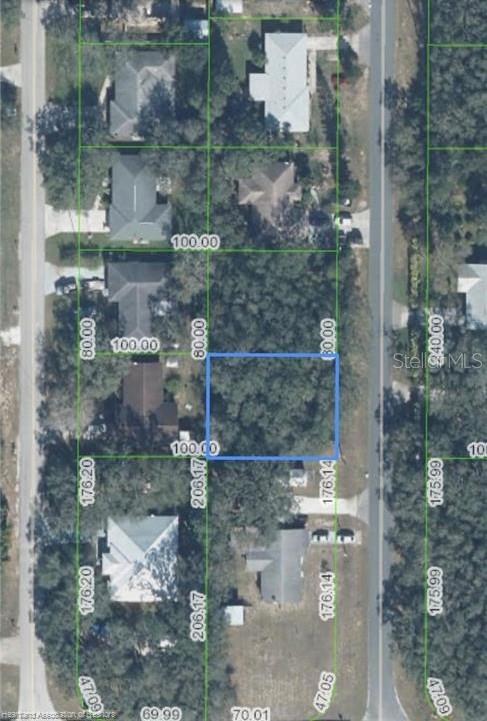 An aerial map shows a rectangular plot of land highlighted in blue among residential properties — 1727 N BERKLEY ROAD, AVON PARK, FL