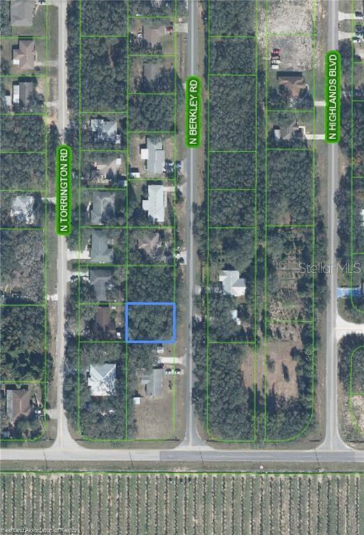 An aerial map shows a vacant residential lot highlighted in blue between two paved roads — 1727 N BERKLEY ROAD, AVON PARK, FL