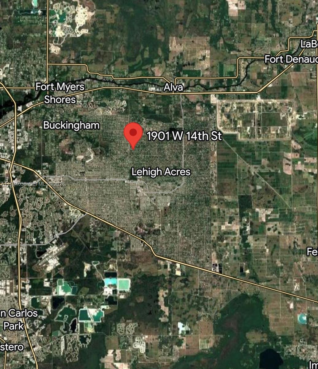 This is a satellite map showing the location of a property in Lehigh Acres, Florida — 1901 W 14th St, Lehigh Acres FL 33972, LEHIGH ACRES, FL