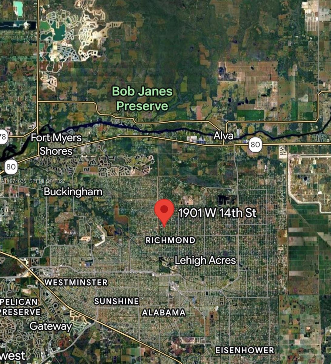 This is a satellite map showing the location of a property in Lehigh Acres, Florida — 1901 W 14th St, Lehigh Acres FL 33972, LEHIGH ACRES, FL