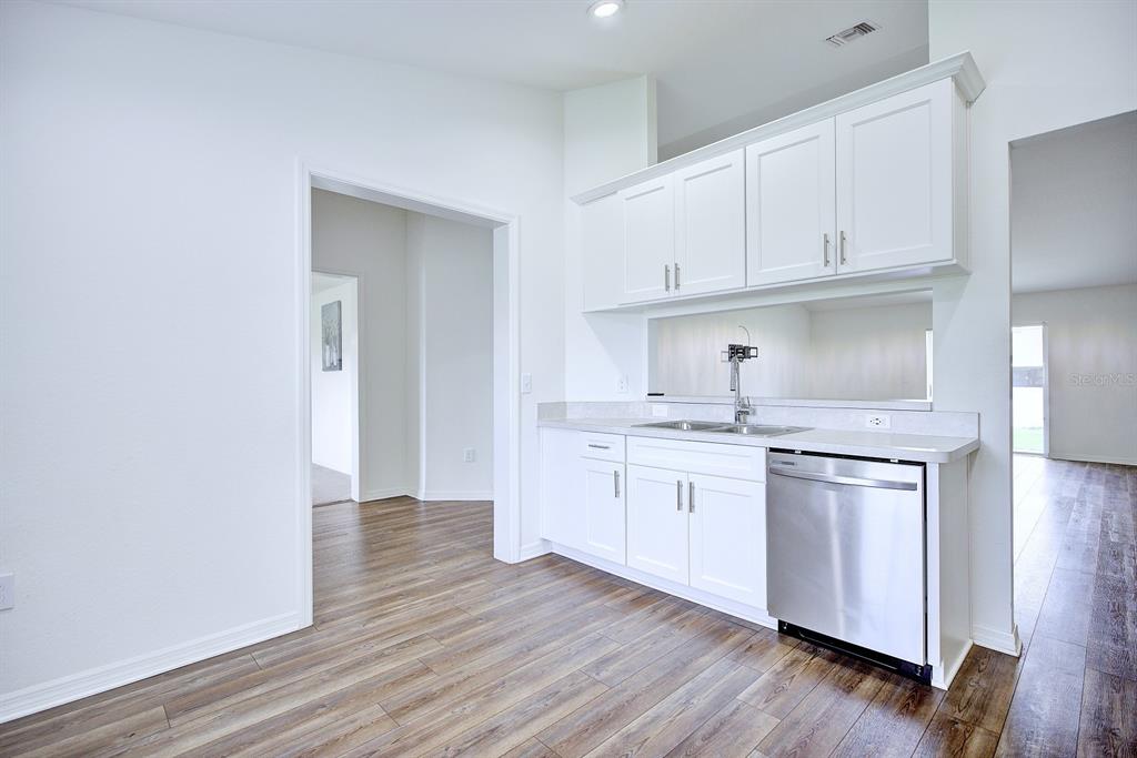 A kitchen area features white cabinets, a stainless steel dishwasher, and wood-look flooring — 4550 SAN IGNACIO DRIVE, SEBRING, FL