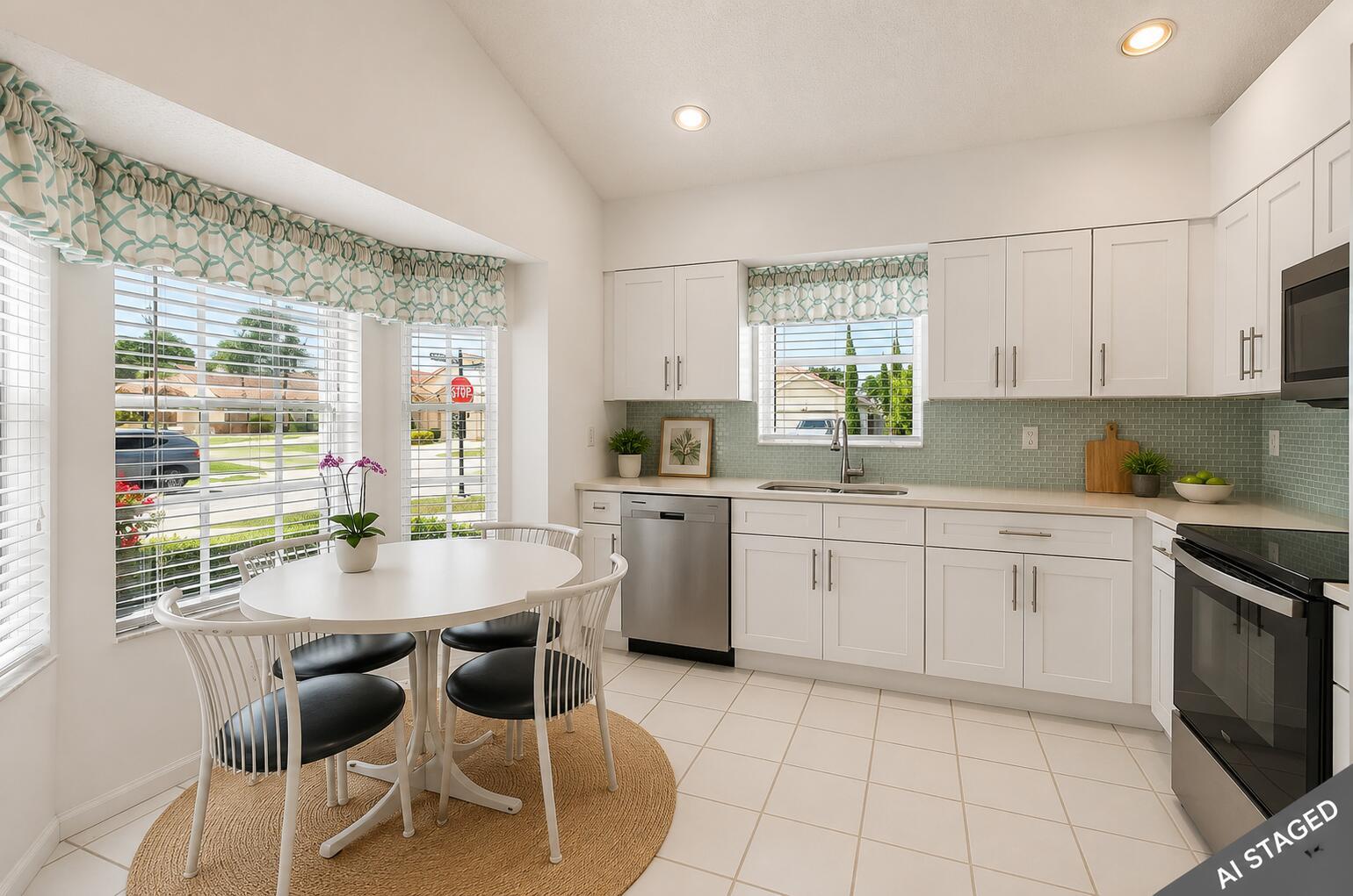 A kitchen with white cabinets, a light green backsplash, and a small dining area — 14050 Fair Isle Drive, Delray Beach FL 33446, DELRAY BEACH, FL