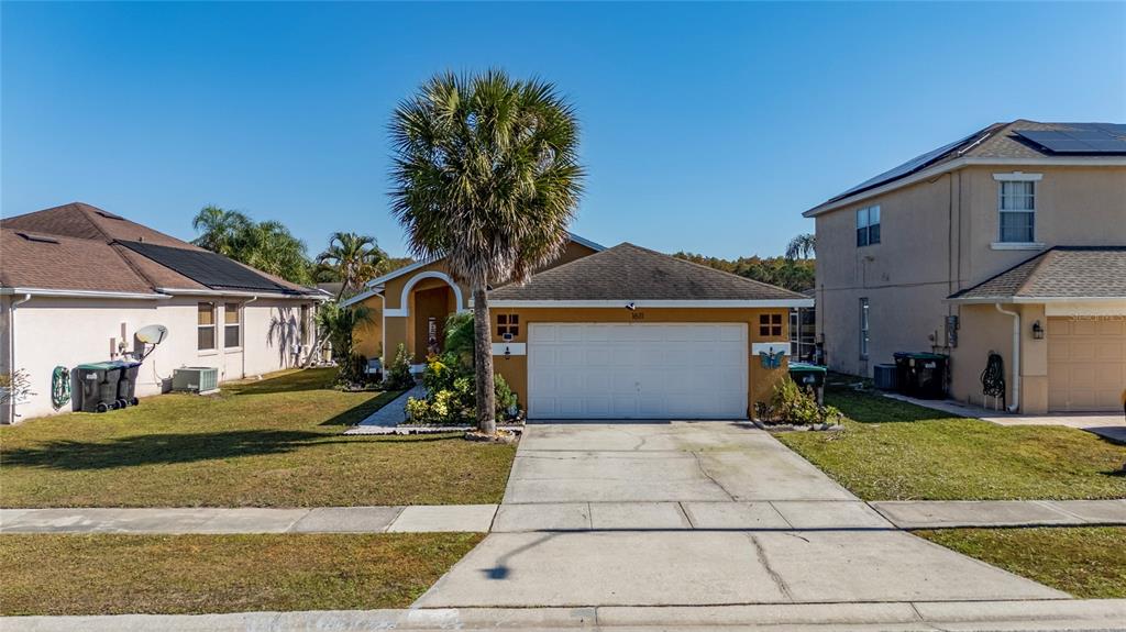 A single-story house with a white garage door and a palm tree in the front yard — 1611 BRIDGEVIEW CIRCLE, ORLANDO, FL
