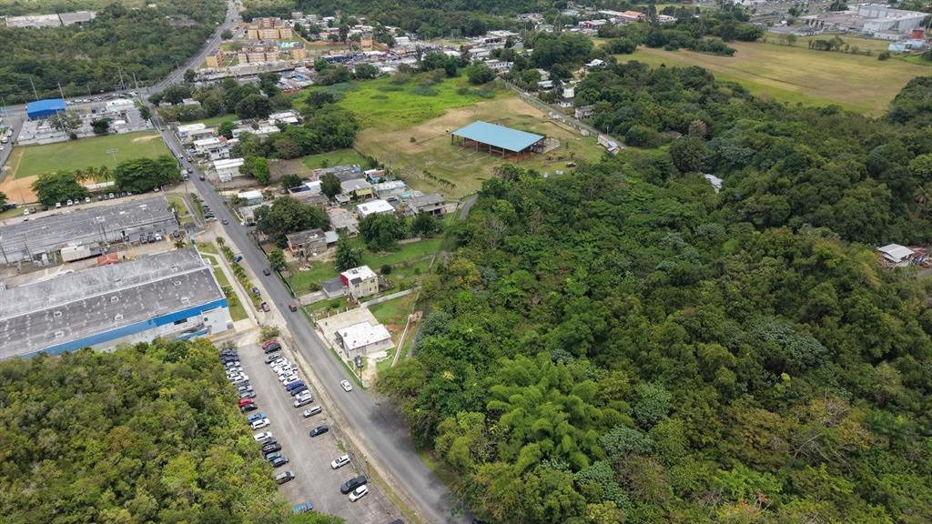 An aerial view shows a road, a parking lot, residential buildings, and a large forested area — 1 PR-686 KM 1.2, MANATI, PR