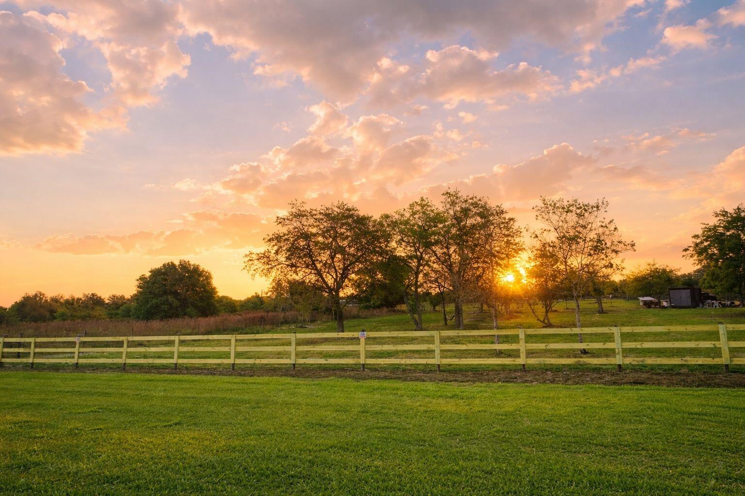 A grassy field with a wooden fence and trees under a sunset sky — 14769 NW 244th Street, Okeechobee FL 34972, OKEECHOBEE, FL