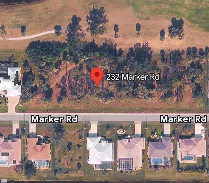 This aerial map view shows a vacant wooded lot located across from residential houses — 232 MARKER ROAD, ROTONDA WEST, FL
