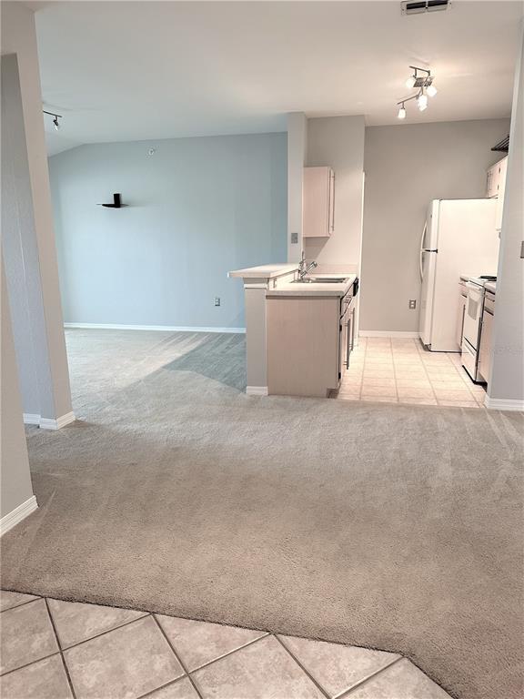 An open-concept kitchen with light-colored cabinets and appliances overlooks a carpeted living area — 5475 VINELAND ROAD UNIT 8304, ORLANDO, FL