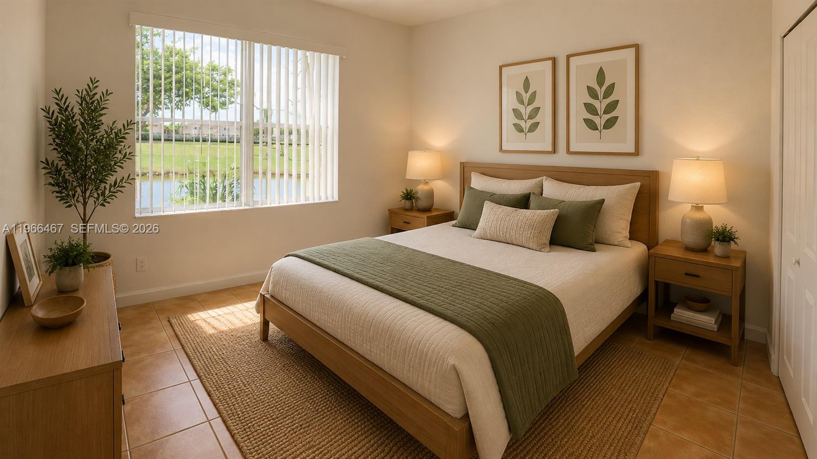 A bedroom features a bed with green bedding, two nightstands, and a window with blinds — 17720 NW 73rd Ave # 105, Hialeah FL 33015, HIALEAH, FL