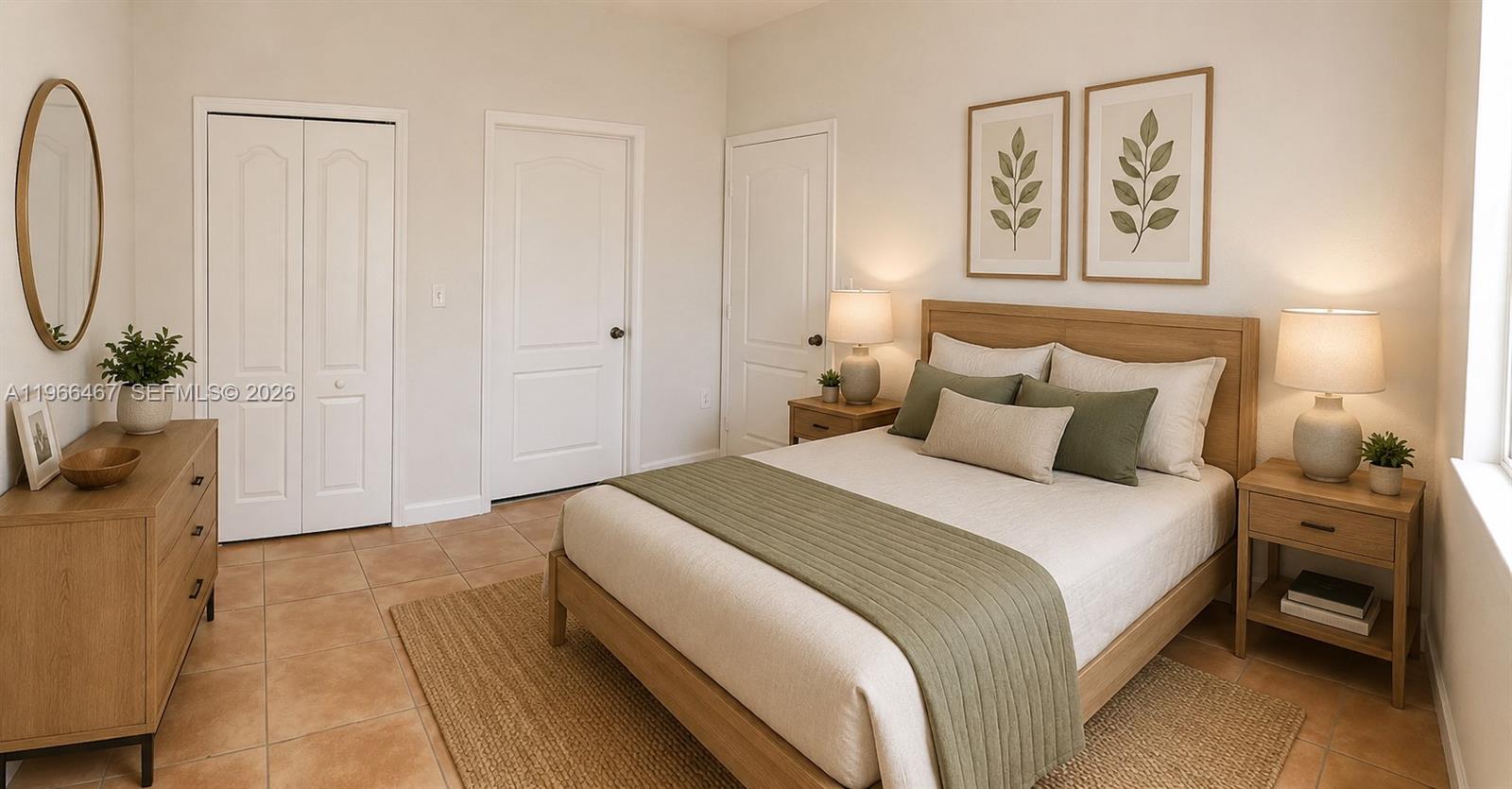 A bedroom features a wooden bed, two nightstands, a dresser, and tiled flooring — 17720 NW 73rd Ave # 105, Hialeah FL 33015, HIALEAH, FL