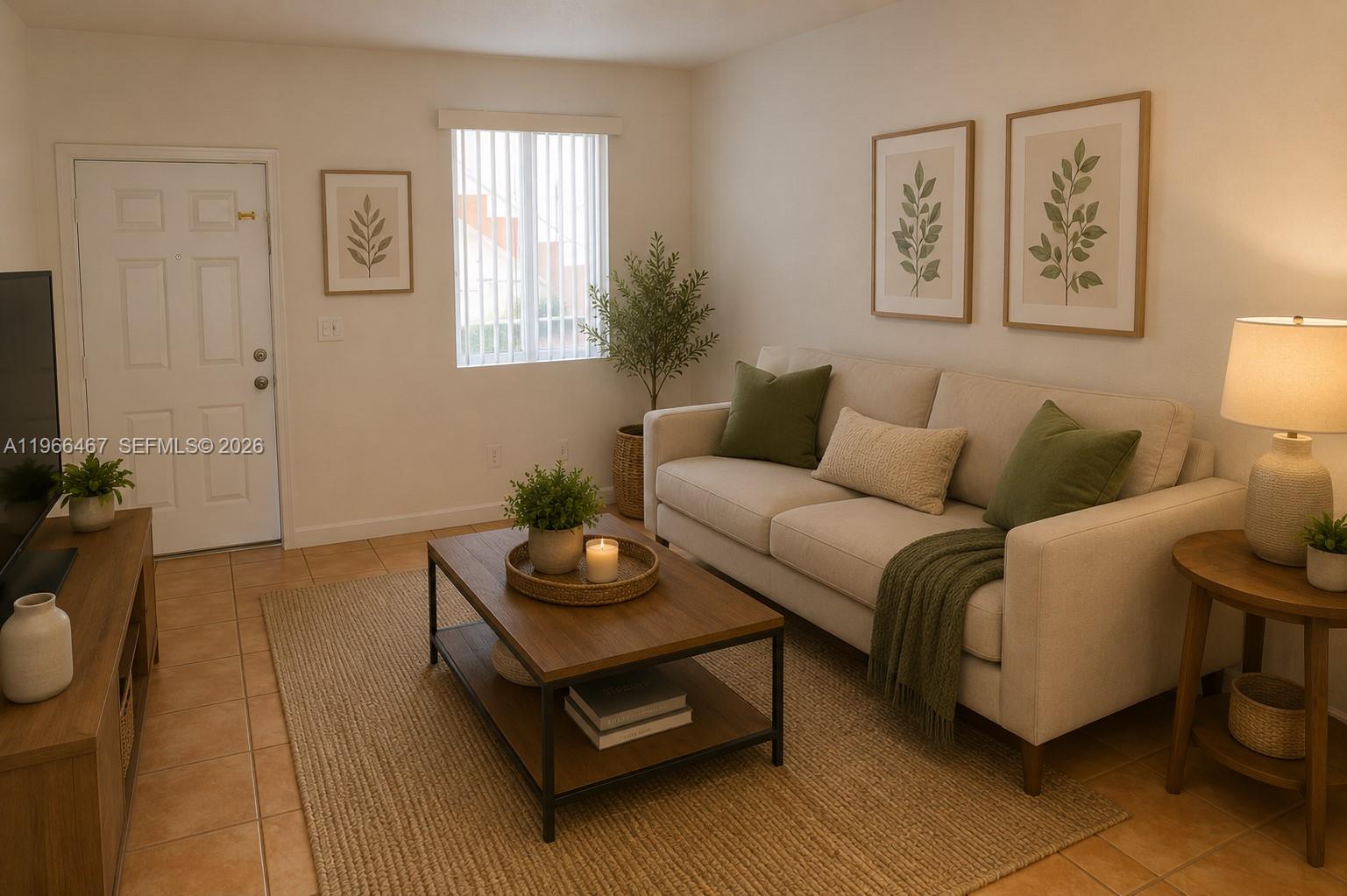 A living room features a beige sofa, a wooden coffee table, and tile flooring — 17720 NW 73rd Ave # 105, Hialeah FL 33015, HIALEAH, FL