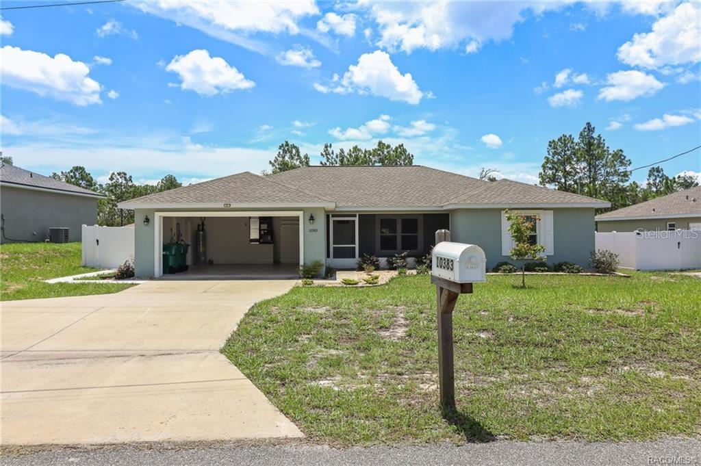 A single-story house with a garage, a concrete driveway, and a mailbox in the yard — 10383 N G MARTINELLI BOULEVARD, CITRUS SPRINGS, FL