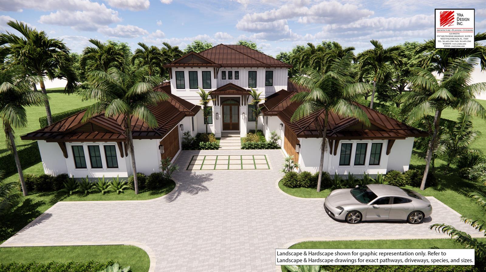 A digital rendering of a two-story house with a brown metal roof and driveway — 127 Quayside Drive, Jupiter FL 33477, JUPITER, FL