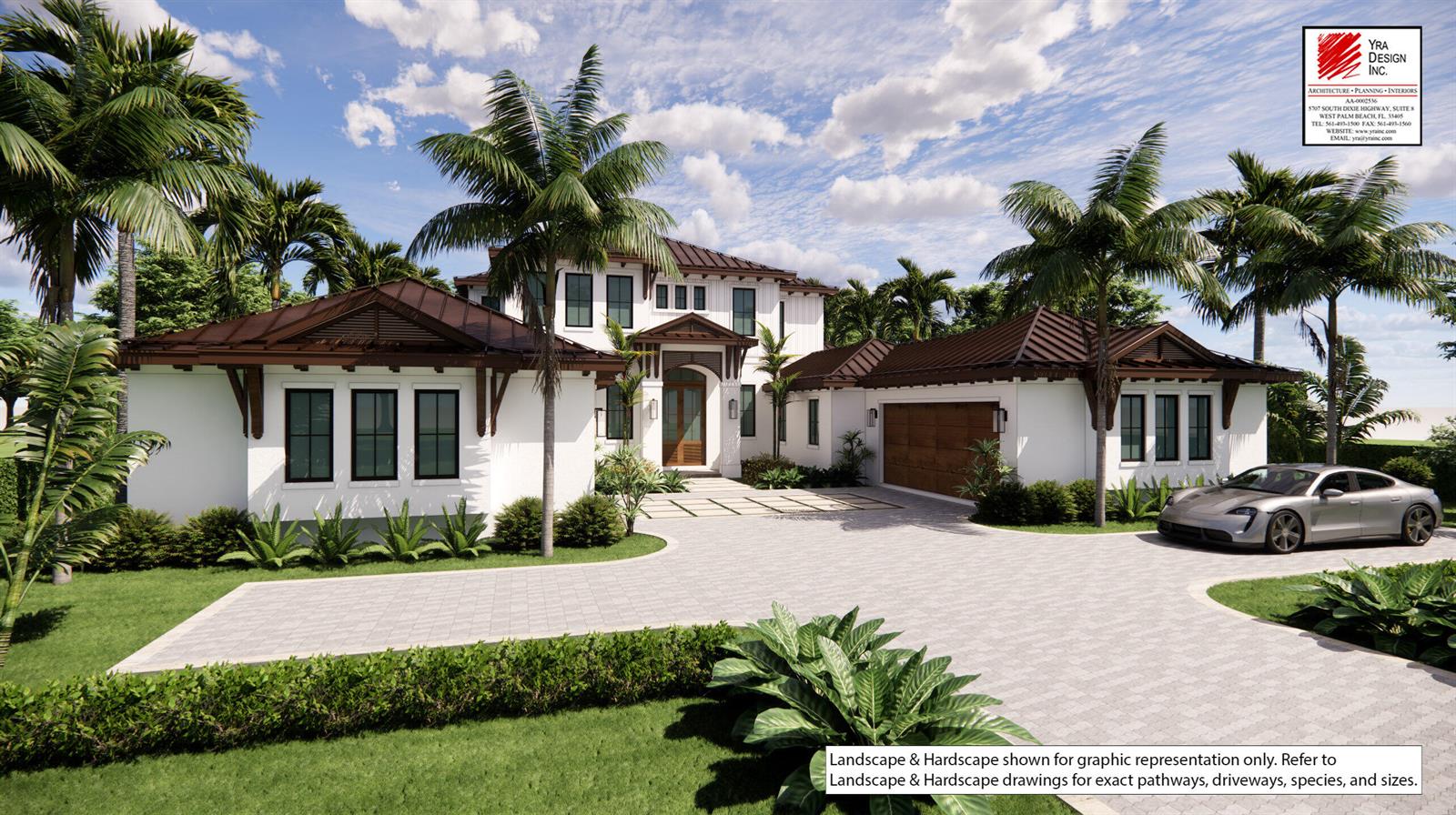 This architectural rendering shows a white house with a brown metal roof and palm trees — 127 Quayside Drive, Jupiter FL 33477, JUPITER, FL