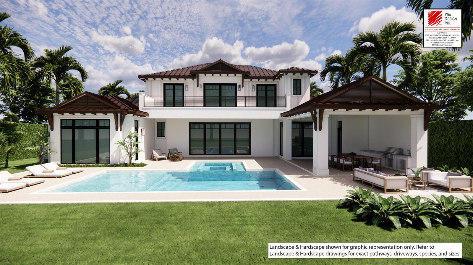 A rendering of a two-story house exterior featuring a swimming pool and a covered patio — 127 Quayside Drive, Jupiter FL 33477, JUPITER, FL