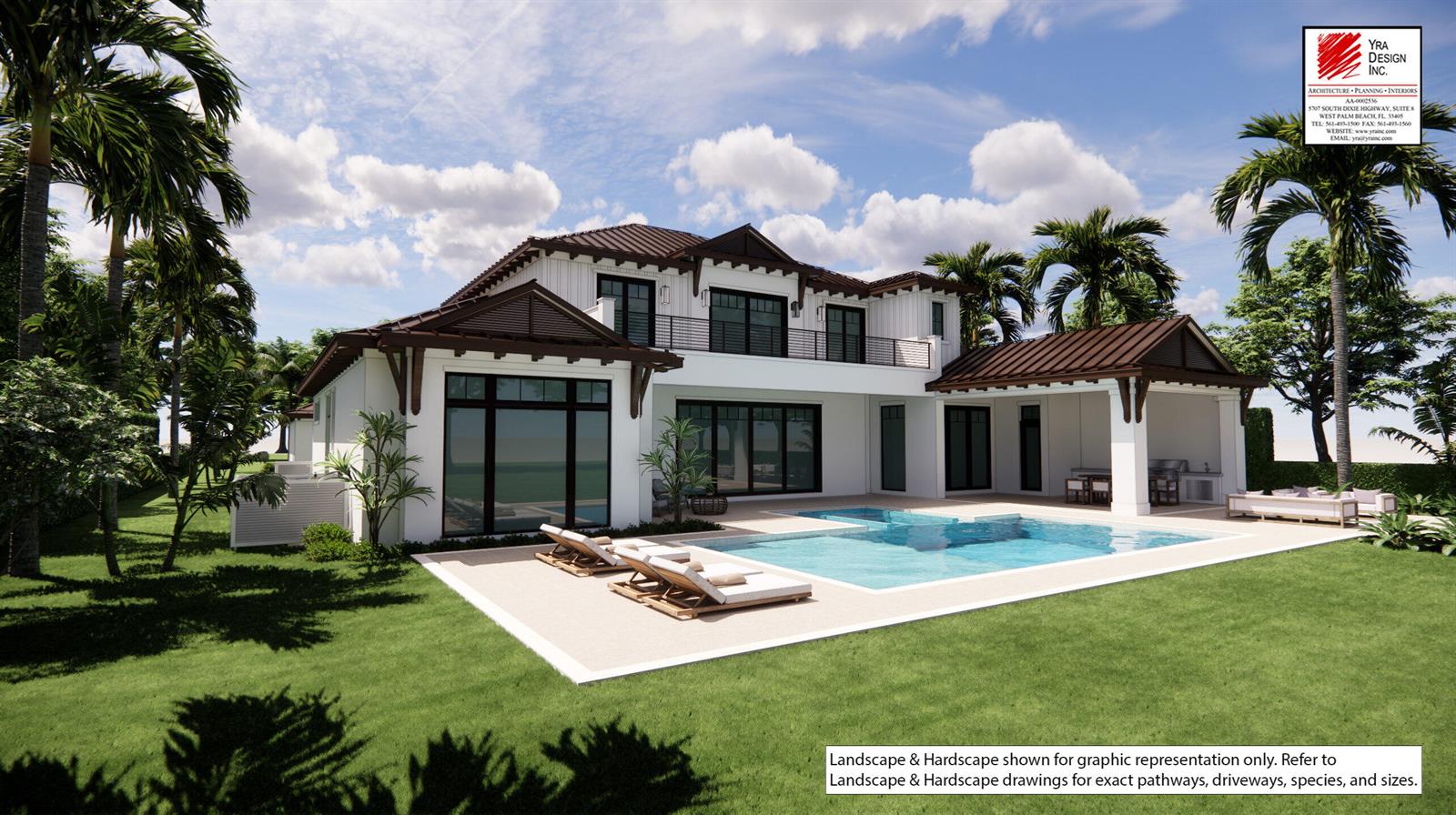 This architectural rendering shows the rear exterior of a two-story house with a swimming pool — 127 Quayside Drive, Jupiter FL 33477, JUPITER, FL