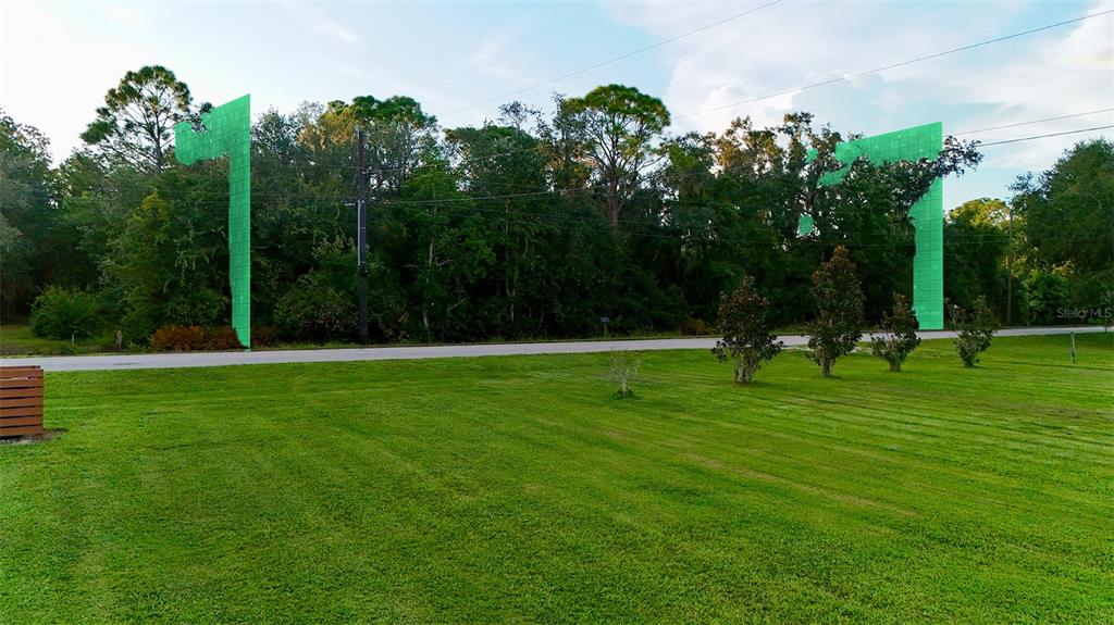 A grassy lot features two green digital overlays marking sections of the wooded background — 1514 BLACKWILLOW STREET, LAKE PLACID, FL