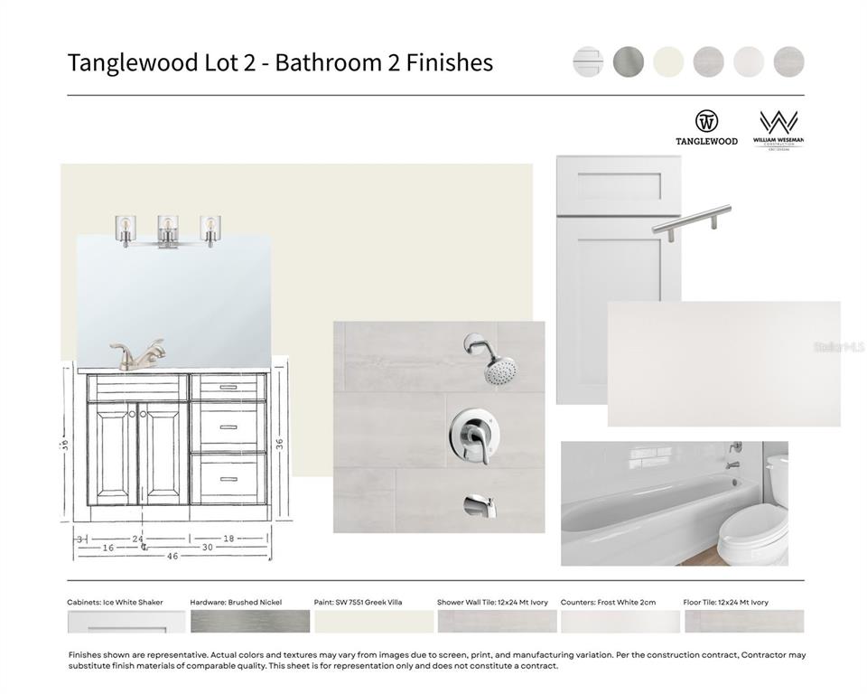 This is a design rendering for a bathroom featuring white cabinets, sage subway tiles, and brushed nickel hardware — 21022 SW 1ST PLACE, NEWBERRY, FL