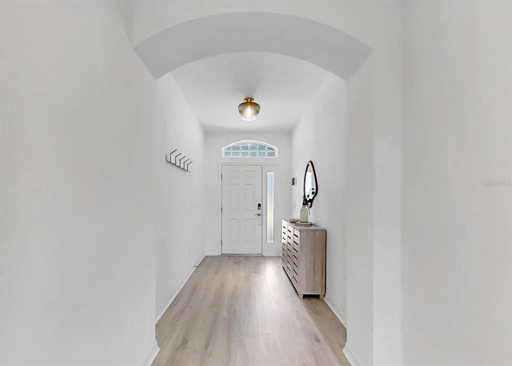 A bright entryway features white walls, light wood-look flooring, a white door, and a console table — 12048 ORCHID ASH STREET, RIVERVIEW, FL