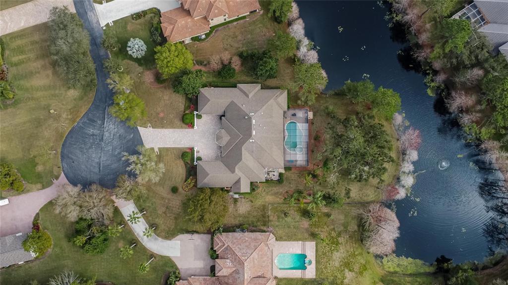 An aerial view shows a house with a pool and driveway surrounded by trees and water — 8510 KENTUCKY DERBY DRIVE, ODESSA, FL